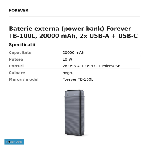Baterie externa (power bank) Forever TB-100L, 20000 mAh, 2x USB-A + USB-C + microUSB, 10W, negru [2]