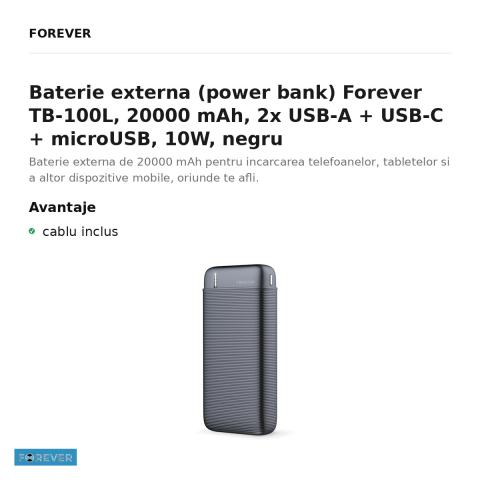 Baterie externa (power bank) Forever TB-100L, 20000 mAh, 2x USB-A + USB-C + microUSB, 10W, negru [1]
