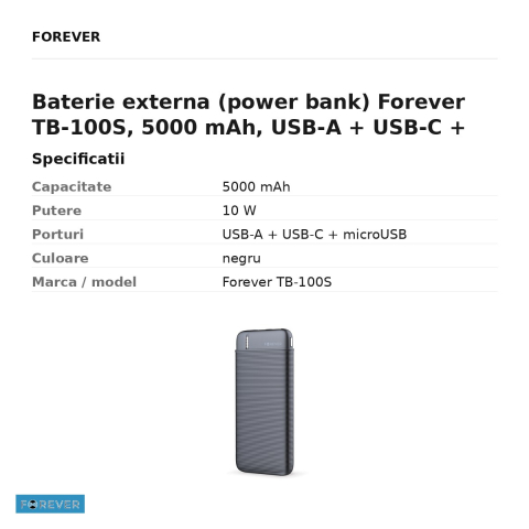 Baterie externa (power bank) Forever TB-100S, 5000 mAh, USB-A + USB-C + microUSB, 10W, cu cablu inclus, negru [2]