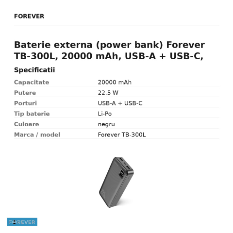 Baterie externa (power bank) Forever TB-300L, 20000 mAh, USB-A + USB-C, 22.5W, negru [2]