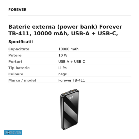 Baterie externa (power bank) Forever TB-411, 10000 mAh, USB-A + USB-C, 10W, cu cablu inclus, negru [2]