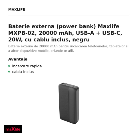 Baterie externa (power bank) Maxlife MXPB-02, 20000 mAh, USB-A + USB-C, 20W, cu cablu inclus, negru [1]