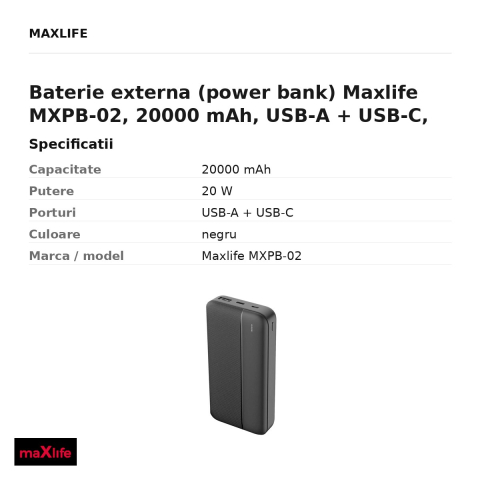 Baterie externa (power bank) Maxlife MXPB-02, 20000 mAh, USB-A + USB-C, 20W, cu cablu inclus, negru [2]