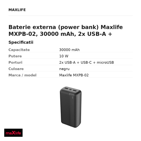 Baterie externa (power bank) Maxlife MXPB-02, 30000 mAh, 2x USB-A + USB-C + microUSB, 10W, cu cablu inclus, negru [2]