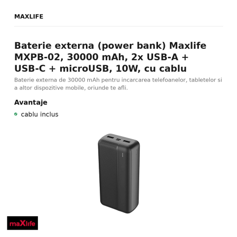 Baterie externa (power bank) Maxlife MXPB-02, 30000 mAh, 2x USB-A + USB-C + microUSB, 10W, cu cablu inclus, negru [1]