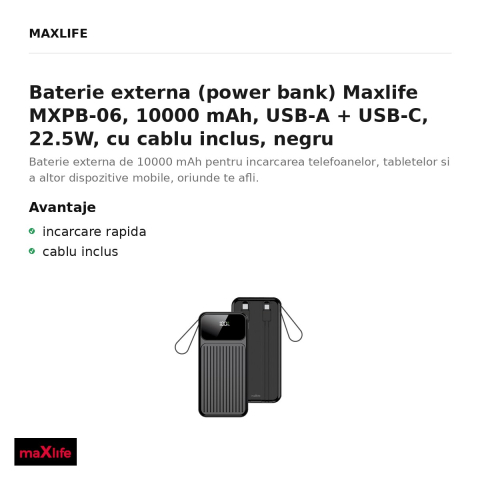 Baterie externa (power bank) Maxlife MXPB-06, 10000 mAh, USB-A + USB-C, 22.5W, cu cablu inclus, negru [1]