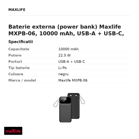 Baterie externa (power bank) Maxlife MXPB-06, 10000 mAh, USB-A + USB-C, 22.5W, cu cablu inclus, negru [2]