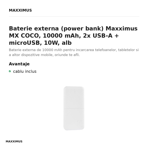 Baterie externa (power bank) Maxximus MX COCO, 10000 mAh, 2x USB-A + microUSB, 10W, alb [1]