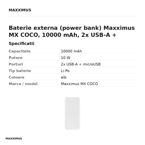 Baterie externa (power bank) Maxximus MX COCO, 10000 mAh, 2x USB-A + microUSB, 10W, alb [2]