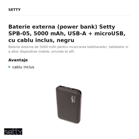 Baterie externa (power bank) Setty SPB-05, 5000 mAh, USB-A + microUSB, cu cablu inclus, negru [1]