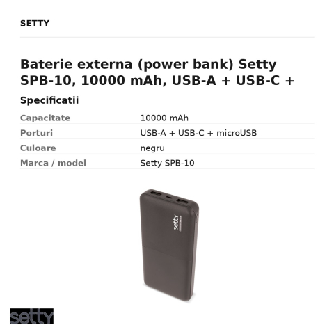 Baterie externa (power bank) Setty SPB-10, 10000 mAh, USB-A + USB-C + microUSB, cu cablu inclus, negru [2]