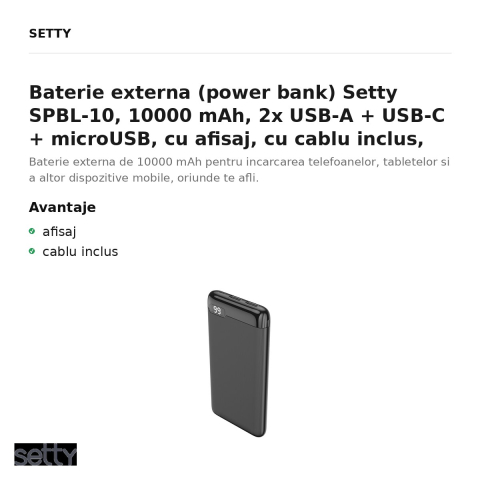 Baterie externa (power bank) Setty SPBL-10, 10000 mAh, 2x USB-A + USB-C + microUSB, cu afisaj, cu cablu inclus, negru [1]