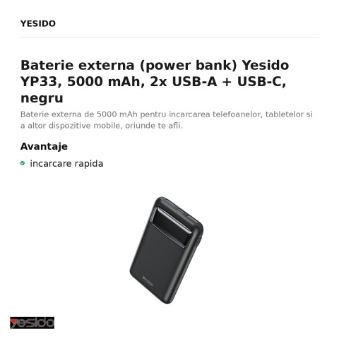 Baterie externa (power bank) Yesido YP33, 5000 mAh, 2x USB-A + USB-C, negru [1]
