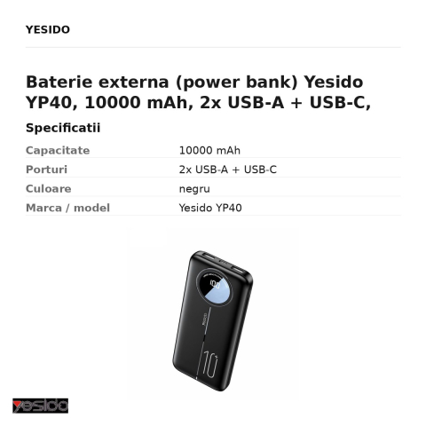 Baterie externa (power bank) Yesido YP40, 10000 mAh, 2x USB-A + USB-C, negru [2]