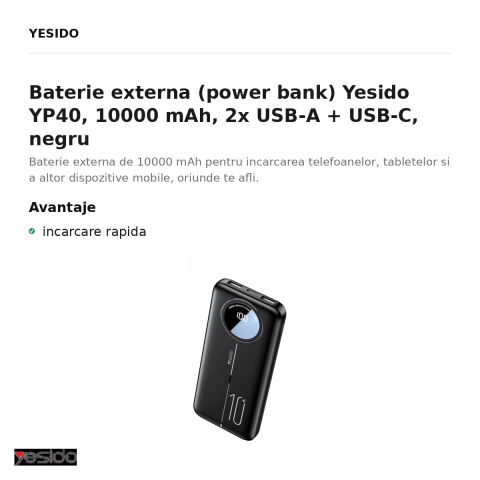 Baterie externa (power bank) Yesido YP40, 10000 mAh, 2x USB-A + USB-C, negru [1]