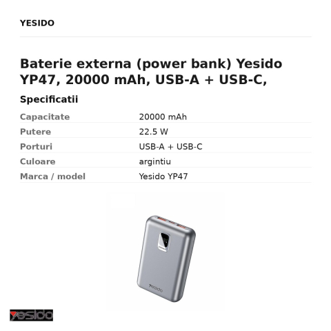 Baterie externa (power bank) Yesido YP47, 20000 mAh, USB-A + USB-C, 22.5W, argintiu [2]