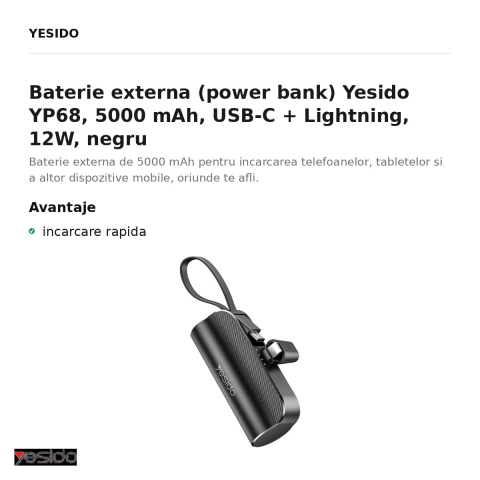 Baterie externa (power bank) Yesido YP68, 5000 mAh, USB-C + Lightning, 12W, negru [1]