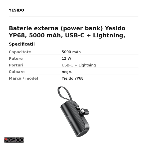 Baterie externa (power bank) Yesido YP68, 5000 mAh, USB-C + Lightning, 12W, negru [2]