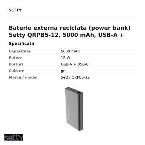 Baterie externa reciclata (power bank) Setty QRPB5-12, 5000 mAh, USB-A + USB-C, 12W, cu cablu inclus, gri [2]