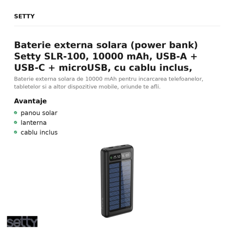 Baterie externa solara (power bank) Setty SLR-100, 10000 mAh, USB-A + USB-C + microUSB, cu cablu inclus, negru [1]