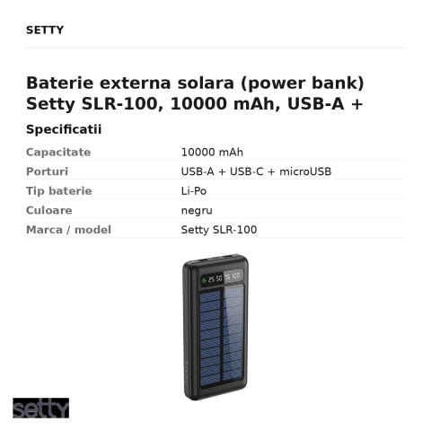 Baterie externa solara (power bank) Setty SLR-100, 10000 mAh, USB-A + USB-C + microUSB, cu cablu inclus, negru [2]