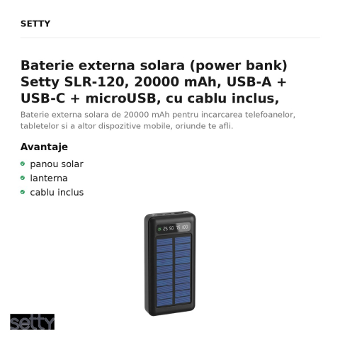 Baterie externa solara (power bank) Setty SLR-120, 20000 mAh, USB-A + USB-C + microUSB, cu cablu inclus, negru [1]