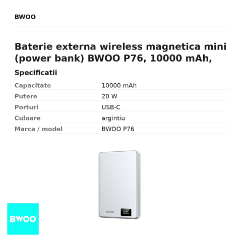 Baterie externa wireless magnetica mini (power bank) BWOO P76, 10000 mAh, USB-C, 20W, cu afisaj, argintiu [2]
