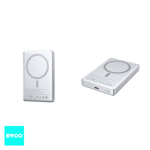 Baterie externa wireless magnetica mini (power bank) BWOO P76, 10000 mAh, USB-C, 20W, cu afisaj, argintiu [3]