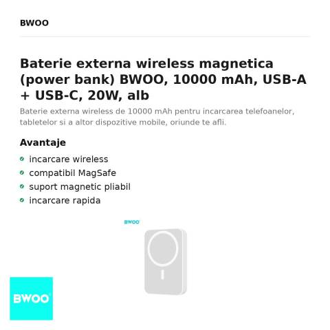 Baterie externa wireless magnetica (power bank) BWOO, 10000 mAh, USB-A + USB-C, 20W, alb [1]