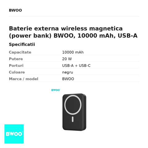 Baterie externa wireless magnetica (power bank) BWOO, 10000 mAh, USB-A + USB-C, 20W, negru [2]
