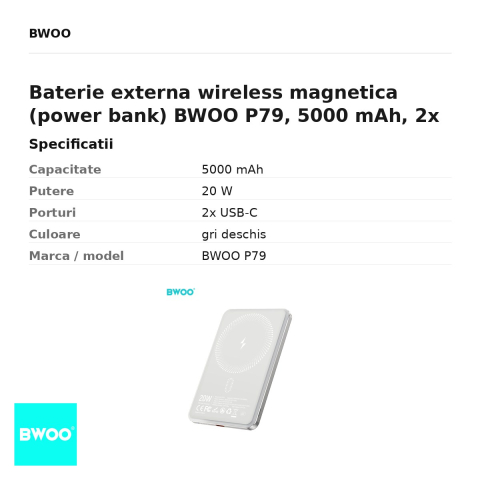 Baterie externa wireless magnetica (power bank) BWOO P79, 5000 mAh, 2x USB-C, 20W, gri deschis [2]