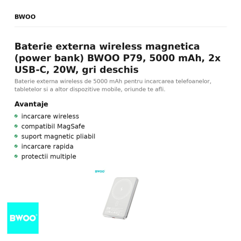 Baterie externa wireless magnetica (power bank) BWOO P79, 5000 mAh, 2x USB-C, 20W, gri deschis [1]