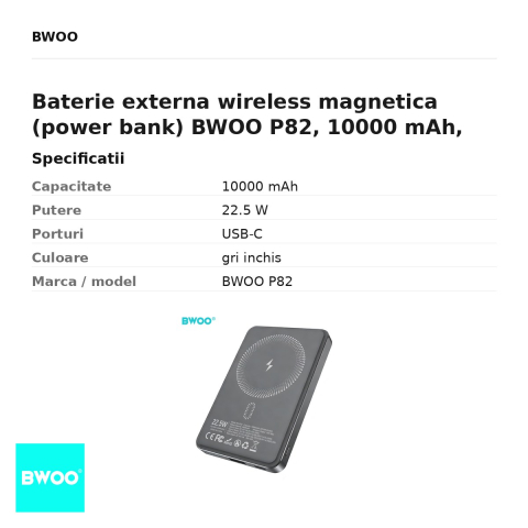 Baterie externa wireless magnetica (power bank) BWOO P82, 10000 mAh, USB-C, 22.5W, gri inchis [2]