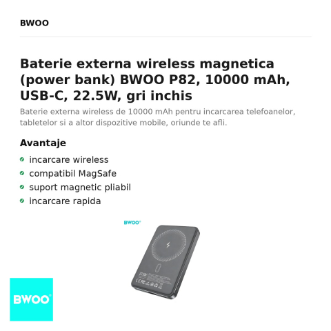 Baterie externa wireless magnetica (power bank) BWOO P82, 10000 mAh, USB-C, 22.5W, gri inchis [1]