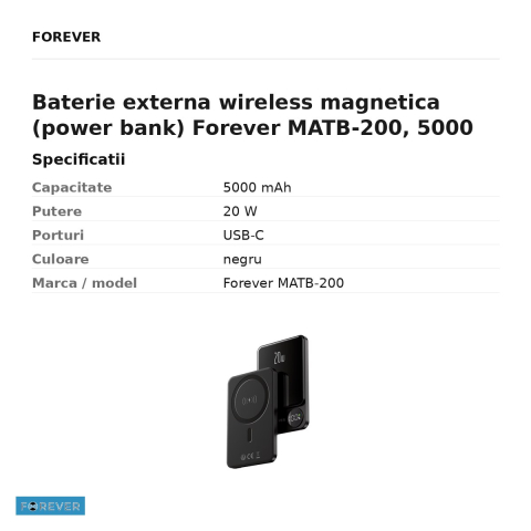 Baterie externa wireless magnetica (power bank) Forever MATB-200, 5000 mAh, USB-C, 20W, cu cablu inclus, negru [2]
