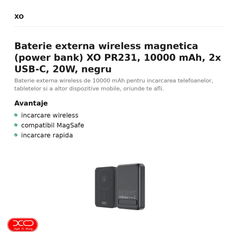 Baterie externa wireless magnetica (power bank) XO PR231, 10000 mAh, 2x USB-C, 20W, negru [1]