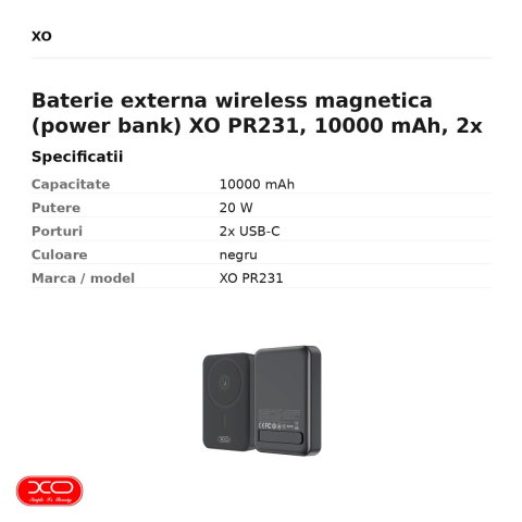 Baterie externa wireless magnetica (power bank) XO PR231, 10000 mAh, 2x USB-C, 20W, negru [2]
