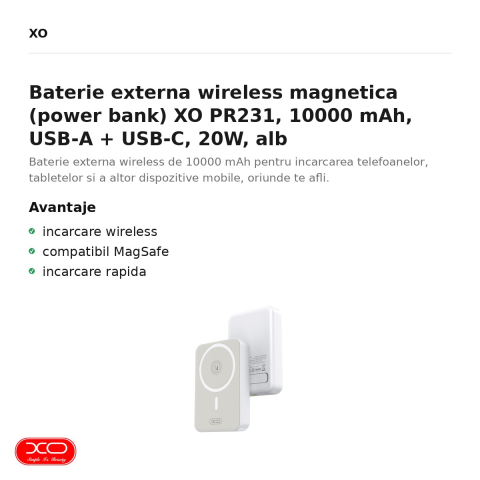 Baterie externa wireless magnetica (power bank) XO PR231, 10000 mAh, USB-A + USB-C, 20W, alb [1]