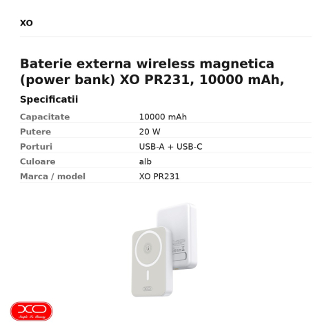 Baterie externa wireless magnetica (power bank) XO PR231, 10000 mAh, USB-A + USB-C, 20W, alb [2]