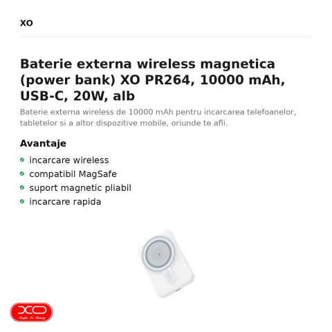 Baterie externa wireless magnetica (power bank) XO PR264, 10000 mAh, USB-C, 20W, alb [1]