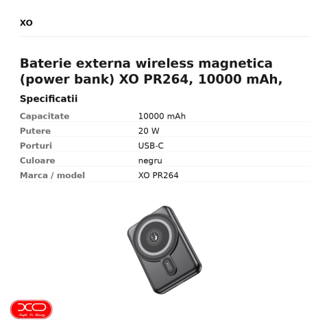 Baterie externa wireless magnetica (power bank) XO PR264, 10000 mAh, USB-C, 20W, negru [2]