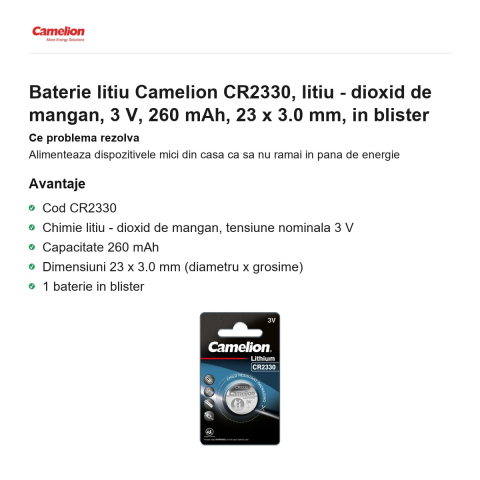 Baterie litiu Camelion CR2330, litiu - dioxid de mangan, 3 V, 260 mAh, 23 x 3.0 mm, in blister [1]