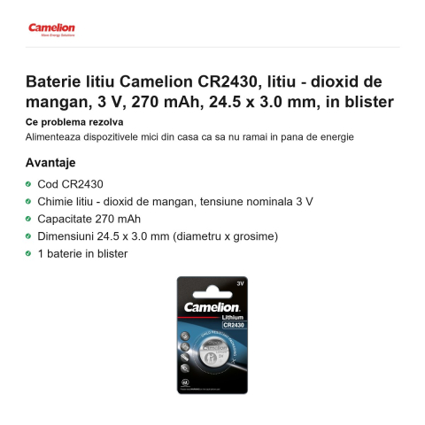 Baterie litiu Camelion CR2430, litiu - dioxid de mangan, 3 V, 270 mAh, 24.5 x 3.0 mm, in blister [1]