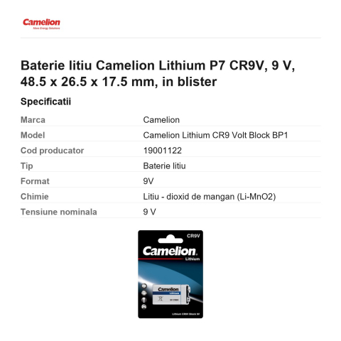 Baterie litiu Camelion Lithium P7 CR9V, 9 V, 48.5 x 26.5 x 17.5 mm, in blister [2]