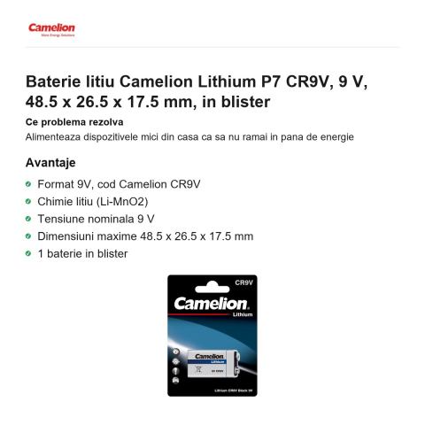 Baterie litiu Camelion Lithium P7 CR9V, 9 V, 48.5 x 26.5 x 17.5 mm, in blister [1]