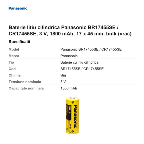 Baterie litiu cilindrica Panasonic BR17455SE / CR17455SE, 3 V, 1800 mAh, 17 x 45 mm, bulk (vrac) [2]