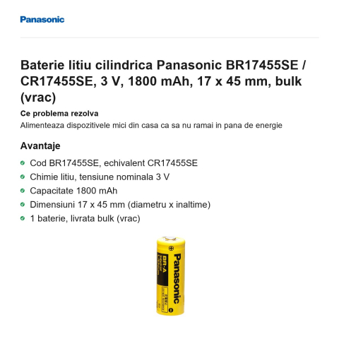 Baterie litiu cilindrica Panasonic BR17455SE / CR17455SE, 3 V, 1800 mAh, 17 x 45 mm, bulk (vrac) [1]