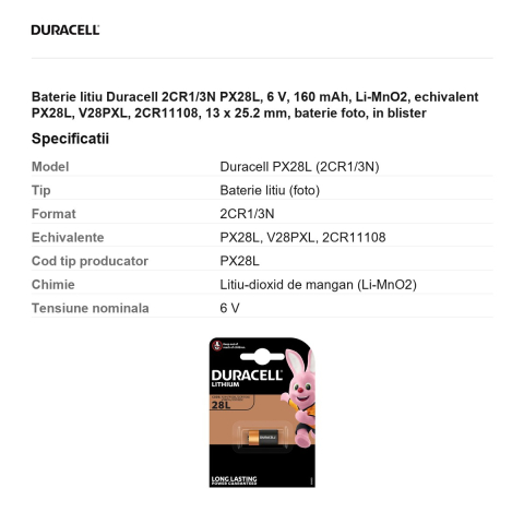 Baterie litiu Duracell 2CR1/3N PX28L, 6 V, 160 mAh, Li-MnO2, echivalent PX28L, V28PXL, 2CR11108, 13 x 25.2 mm, baterie foto, in blister [2]