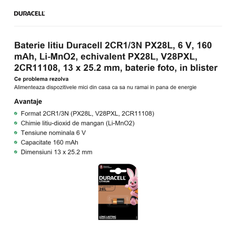 Baterie litiu Duracell 2CR1/3N PX28L, 6 V, 160 mAh, Li-MnO2, echivalent PX28L, V28PXL, 2CR11108, 13 x 25.2 mm, baterie foto, in blister [1]