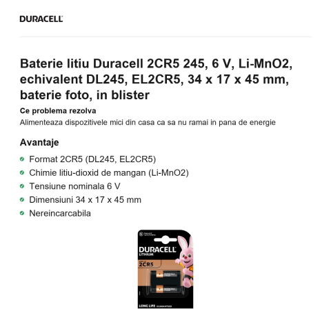 Baterie litiu Duracell 2CR5 245, 6 V, Li-MnO2, echivalent DL245, EL2CR5, 34 x 17 x 45 mm, baterie foto, in blister [1]